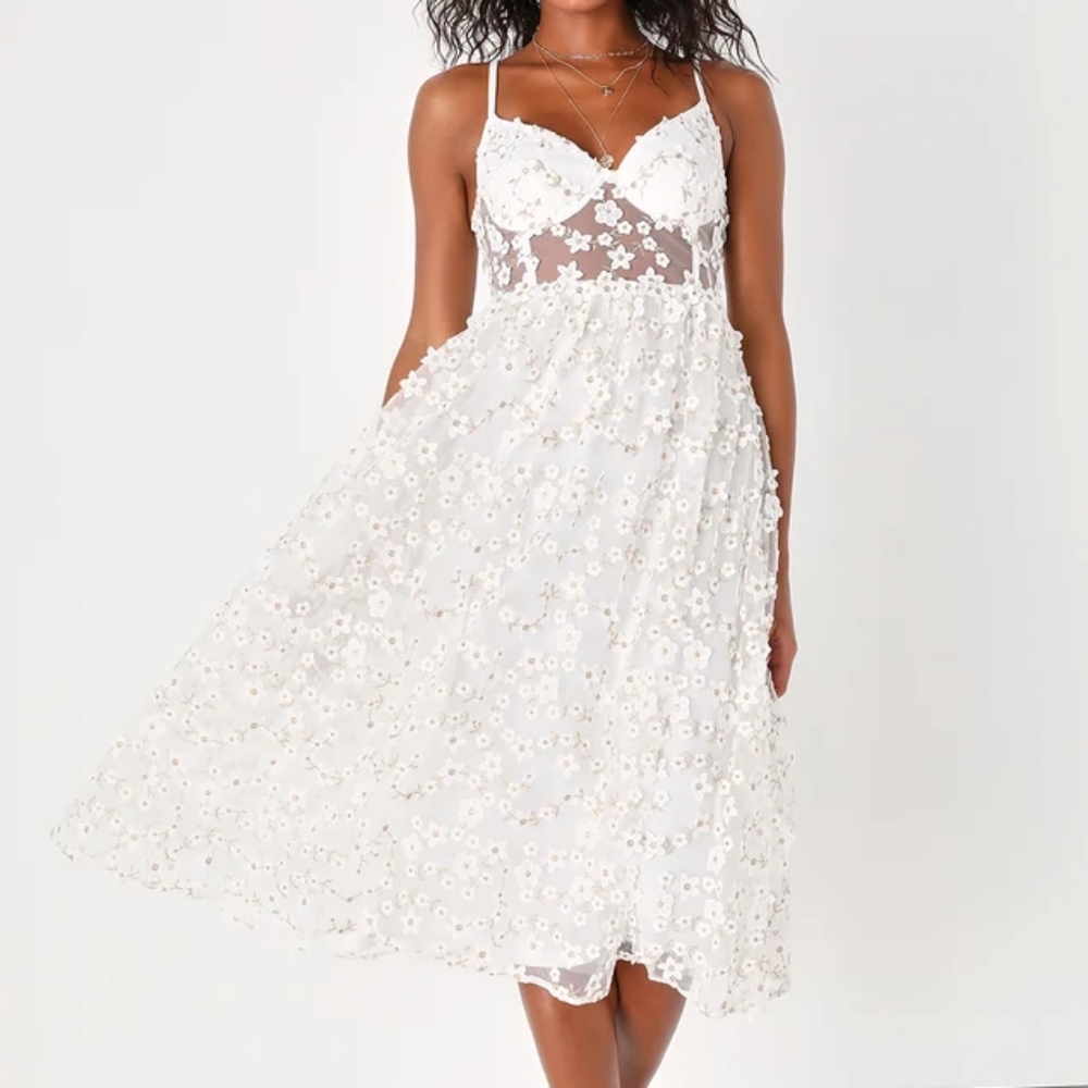 Lulu's Darling Romance White Tulle Floral Applique Bustier Midi Dress NWT